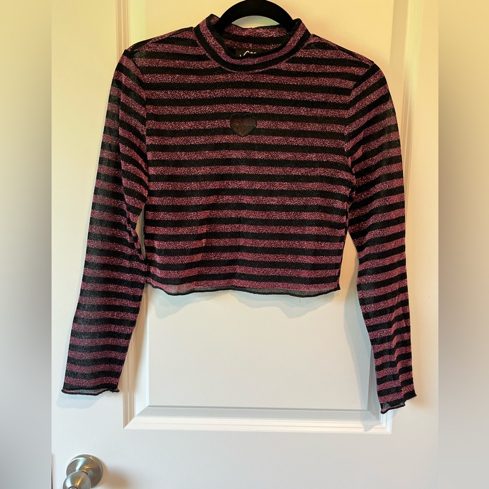 Valfre Striped Semi Sheer Heart Cutout Crop Top Long Sleeve Shirt Medium